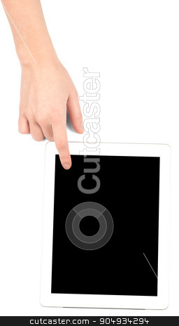 To use this stock image in your creative project, please select the size you need over to the right and click the "Add to Cart" button.
Your downloaded image will come with the Cutcaster watermark removed so don’t worry about the watermark you see on this page. Female hand touching tablet stock photo, Female hand touching tablet with black screen on isolated white background by cherezoff