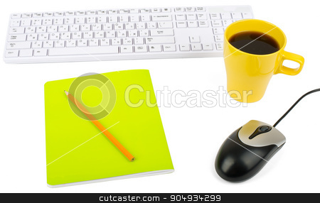 To use this stock image in your creative project, please select the size you need over to the right and click the "Add to Cart" button.
Your downloaded image will come with the Cutcaster watermark removed so don’t worry about the watermark you see on this page. Cup of coffee with keyboard and mouse stock photo, Cup of coffee with keyboard, mouse and notebook on isolated white background, closeup by cherezoff