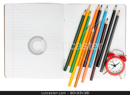To use this stock image in your creative project, please select the size you need over to the right and click the "Add to Cart" button.
Your downloaded image will come with the Cutcaster watermark removed so don’t worry about the watermark you see on this page. Open notebook with set of crayons stock photo, Open notebook with crayons and alarm clock on isolated white background, closeup by cherezoff