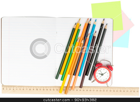To use this stock image in your creative project, please select the size you need over to the right and click the "Add to Cart" button.
Your downloaded image will come with the Cutcaster watermark removed so don’t worry about the watermark you see on this page. Open notebook with set of crayons and alarm clock stock photo, Open notebook with crayons, stickers and alarm clock on isolated white background, closeup by cherezoff
