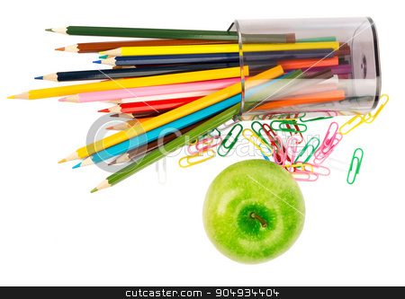 To use this stock image in your creative project, please select the size you need over to the right and click the "Add to Cart" button.
Your downloaded image will come with the Cutcaster watermark removed so don’t worry about the watermark you see on this page. Fresh apple with crayons stock photo, Fresh apple with crayons and paper clips on white background by cherezoff
