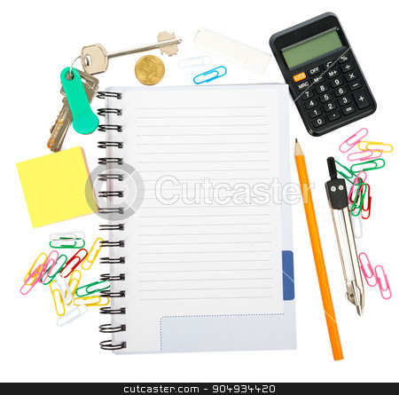 To use this stock image in your creative project, please select the size you need over to the right and click the "Add to Cart" button.
Your downloaded image will come with the Cutcaster watermark removed so don’t worry about the watermark you see on this page. Open notebook with stationery stock photo, Open notebook with stationery isolated white background, closeup by cherezoff