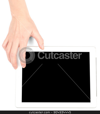 To use this stock image in your creative project, please select the size you need over to the right and click the "Add to Cart" button.
Your downloaded image will come with the Cutcaster watermark removed so don’t worry about the watermark you see on this page. Female hand using tablet stock photo, Female hand using tablet with black screen on isolated white background, closeup by cherezoff