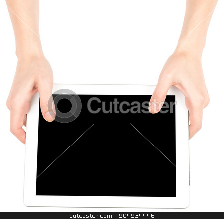 To use this stock image in your creative project, please select the size you need over to the right and click the "Add to Cart" button.
Your downloaded image will come with the Cutcaster watermark removed so don’t worry about the watermark you see on this page. Female hands using tablet stock photo, Female hands using tablet with black screen on isolated white background by cherezoff