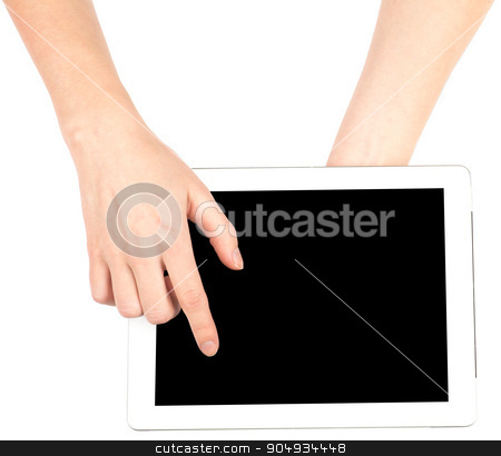 To use this stock image in your creative project, please select the size you need over to the right and click the "Add to Cart" button.
Your downloaded image will come with the Cutcaster watermark removed so don’t worry about the watermark you see on this page. Female hands touching tablet stock photo, Female hands touching tablet with black screen on isolated white background by cherezoff