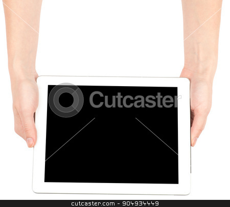 To use this stock image in your creative project, please select the size you need over to the right and click the "Add to Cart" button.
Your downloaded image will come with the Cutcaster watermark removed so don’t worry about the watermark you see on this page. Female hands holding tablet stock photo, Female hands holding tablet with black screen on isolated white background by cherezoff