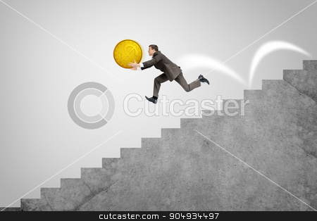 To use this stock image in your creative project, please select the size you need over to the right and click the "Add to Cart" button.
Your downloaded image will come with the Cutcaster watermark removed so don’t worry about the watermark you see on this page. Businessman running down stairs holding big coin stock photo, Businessman with big gold coin running fast down stairs by cherezoff