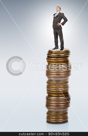 To use this stock image in your creative project, please select the size you need over to the right and click the "Add to Cart" button.
Your downloaded image will come with the Cutcaster watermark removed so don’t worry about the watermark you see on this page. Businessman on coins pile stock photo, Businessman on coins pile on grey background by cherezoff