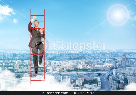 To use this stock image in your creative project, please select the size you need over to the right and click the "Add to Cart" button.
Your downloaded image will come with the Cutcaster watermark removed so don’t worry about the watermark you see on this page. Businessman climbing red ladder in sky stock photo, Businessman climbing red ladder on blue sky background by cherezoff