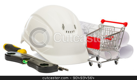 To use this stock image in your creative project, please select the size you need over to the right and click the "Add to Cart" button.
Your downloaded image will come with the Cutcaster watermark removed so don’t worry about the watermark you see on this page. Construction helmet and shopping cart stock photo, White construction helmet, builders level and shopping cart on isolated white background by cherezoff