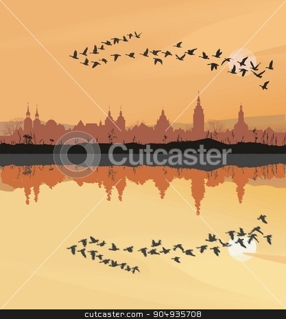 To use this stock image in your creative project, please select the size you need over to the right and click the "Add to Cart" button.
Your downloaded image will come with the Cutcaster watermark removed so don’t worry about the watermark you see on this page. Historic towns and migrating geese stock vector clipart, Landscape with the silhouette of the historic town and migrating geese by Čerešňák