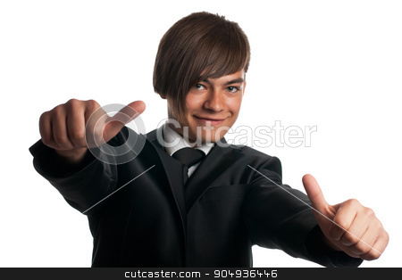 To use this stock image in your creative project, please select the size you need over to the right and click the "Add to Cart" button.
Your downloaded image will come with the Cutcaster watermark removed so don’t worry about the watermark you see on this page. Portrait of a happy young businessman stock photo, business man showing thumbs up sign over white background by alekleks
