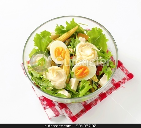 To use this stock image in your creative project, please select the size you need over to the right and click the "Add to Cart" button.
Your downloaded image will come with the Cutcaster watermark removed so don’t worry about the watermark you see on this page. Mixed salad stock photo, Bowl of mixed salad with boiled egg and feta by Digifoodstock