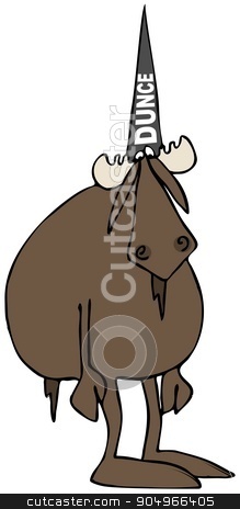 To use this stock image in your creative project, please select the size you need over to the right and click the "Add to Cart" button.
Your downloaded image will come with the Cutcaster watermark removed so don’t worry about the watermark you see on this page. Stupid moose wearing a dunce hat stock photo, Illustration depicting a bull moose looking stupid and wearing a dunce hat. by Dennis Cox