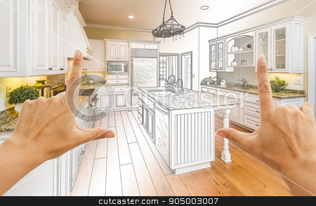 To use this stock image in your creative project, please select the size you need over to the right and click the "Add to Cart" button.
Your downloaded image will come with the Cutcaster watermark removed so don’t worry about the watermark you see on this page. Hands Framing Gradated Custom Kitchen Design Drawing and Photo C stock photo, Female Hands Framing Gradated Custom Kitchen Design Drawing and Photo Combination. by Andy Dean