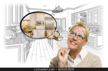 To use this stock image in your creative project, please select the size you need over to the right and click the "Add to Cart" button.
Your downloaded image will come with the Cutcaster watermark removed so don’t worry about the watermark you see on this page. Woman Over Custom Kitchen Drawing and Thought Bubble Photo stock photo, Creative Woman With Pencil Over Custom Kitchen Drawing and Thought Bubble Photo Combination. by Andy Dean