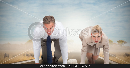 To use this stock image in your creative project, please select the size you need over to the right and click the "Add to Cart" button.
Your downloaded image will come with the Cutcaster watermark removed so don’t worry about the watermark you see on this page. Composite image of business people ready to start race stock photo, Business people ready to start race against savannah road landscape by Wavebreak Media