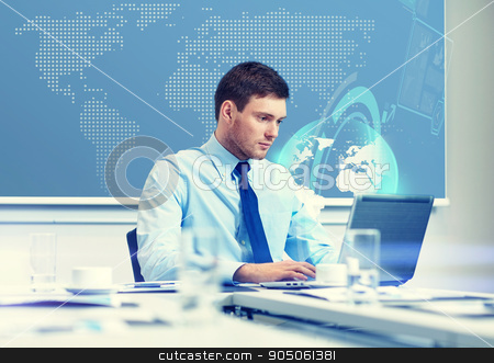 To use this stock image in your creative project, please select the size you need over to the right and click the "Add to Cart" button.
Your downloaded image will come with the Cutcaster watermark removed so don’t worry about the watermark you see on this page. businessman with laptop working in office stock photo, business, people and work concept - businessman with laptop computer and virtual globe hologram in office by Syda Productions