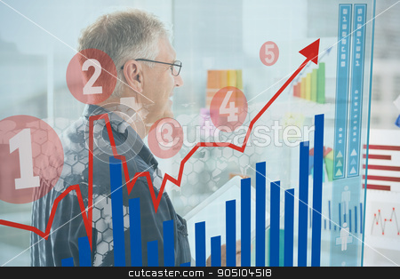 To use this stock image in your creative project, please select the size you need over to the right and click the "Add to Cart" button.
Your downloaded image will come with the Cutcaster watermark removed so don’t worry about the watermark you see on this page. Composite image of graph stock photo, Graph against smiling businessman looking flow charts on the wall by Wavebreak Media