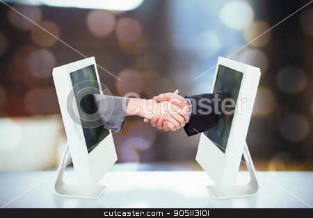 To use this stock image in your creative project, please select the size you need over to the right and click the "Add to Cart" button.
Your downloaded image will come with the Cutcaster watermark removed so don’t worry about the watermark you see on this page. Composite image of close up of two businesspeople shaking their stock photo, Close up of two businesspeople shaking their hands against fir tree branch with green needles by Wavebreak Media