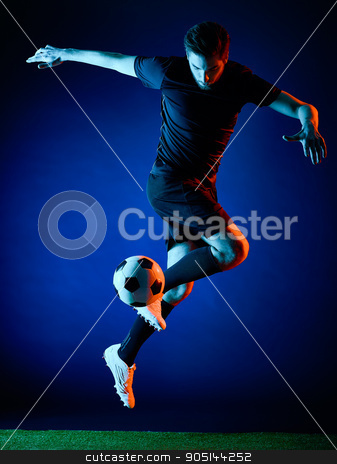 To use this stock image in your creative project, please select the size you need over to the right and click the "Add to Cart" button.
Your downloaded image will come with the Cutcaster watermark removed so don’t worry about the watermark you see on this page. Soccer player Man isolated stock photo, one caucasian Soccer player Man isolated on black backgound by Ishadow