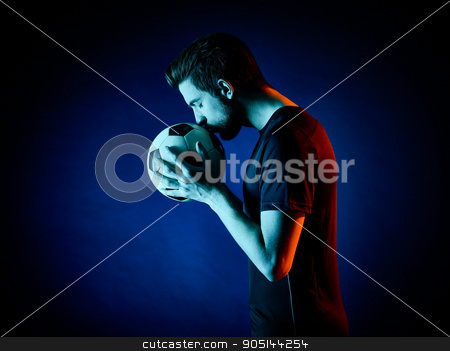 To use this stock image in your creative project, please select the size you need over to the right and click the "Add to Cart" button.
Your downloaded image will come with the Cutcaster watermark removed so don’t worry about the watermark you see on this page. Soccer player Man isolated stock photo, one caucasian Soccer player Man isolated on black backgound by Ishadow