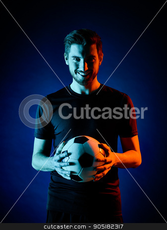 To use this stock image in your creative project, please select the size you need over to the right and click the "Add to Cart" button.
Your downloaded image will come with the Cutcaster watermark removed so don’t worry about the watermark you see on this page. Soccer player Man isolated stock photo, one caucasian Soccer player Man isolated on black backgound by Ishadow