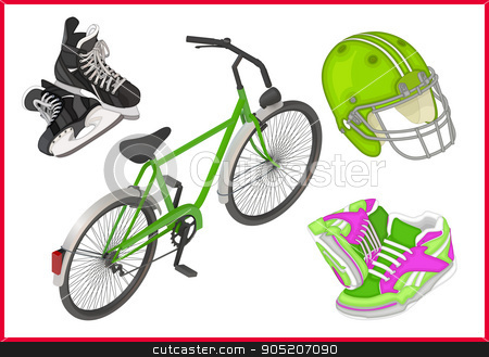 To use this stock image in your creative project, please select the size you need over to the right and click the "Add to Cart" button.
Your downloaded image will come with the Cutcaster watermark removed so don’t worry about the watermark you see on this page. Spert equipment set isometric flat stock vector clipart, Spert equipment set of isometric flat vector 3d illustrations - ice skates, bicycle, sneakers for running, football rugby helmet. by Danil Trapeznikov