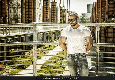 To use this stock image in your creative project, please select the size you need over to the right and click the "Add to Cart" button.
Your downloaded image will come with the Cutcaster watermark removed so don’t worry about the watermark you see on this page. Handsome muscular man standing in city setting stock photo, Handsome muscular blond man standing in city setting or former industrial environment by Stefano Cavoretto