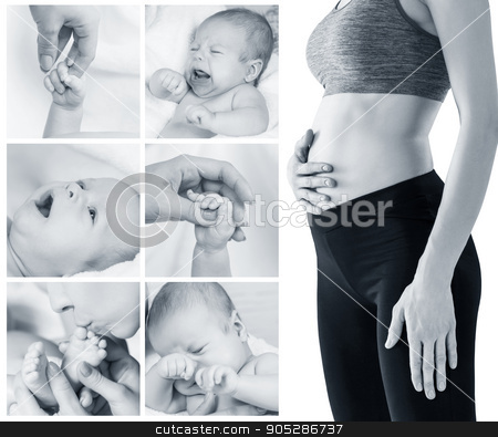 To use this stock image in your creative project, please select the size you need over to the right and click the "Add to Cart" button.
Your downloaded image will come with the Cutcaster watermark removed so don’t worry about the watermark you see on this page. Beautiful pregnant woman and newborn baby stock photo, Collage of beautiful pregnant woman and newborn baby by Dmitrii Kotin