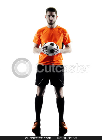 To use this stock image in your creative project, please select the size you need over to the right and click the "Add to Cart" button.
Your downloaded image will come with the Cutcaster watermark removed so don’t worry about the watermark you see on this page. Soccer player Man Isolated silhouette stock photo, one caucasian Soccer player Man in silhouette isolated on white backgound by Ishadow