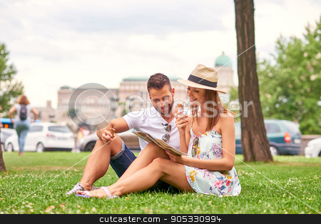 To use this stock image in your creative project, please select the size you need over to the right and click the "Add to Cart" button.
Your downloaded image will come with the Cutcaster watermark removed so don’t worry about the watermark you see on this page. Young tourist couple in the grass stock photo, A beautiful young couple are siting in the grass having an ice-cream with the Castle in background in Budapest, Hungary.
by Michael Osterrieder