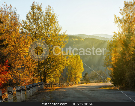 To use this stock image in your creative project, please select the size you need over to the right and click the "Add to Cart" button.
Your downloaded image will come with the Cutcaster watermark removed so don’t worry about the watermark you see on this page. Rural landscape with old road in autumn forest stock photo, Rural landscape with old road in autumn forest against the backdrop the mountains by serkucher