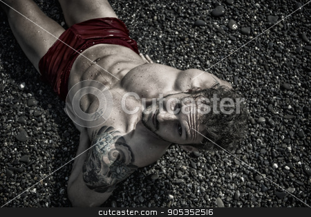 To use this stock image in your creative project, please select the size you need over to the right and click the "Add to Cart" button.
Your downloaded image will come with the Cutcaster watermark removed so don’t worry about the watermark you see on this page. Handsome muscular man on the beach laying on gravel stock photo, Handsome muscular shirtless man on the beach lying on gravel, looking at camera by Stefano Cavoretto