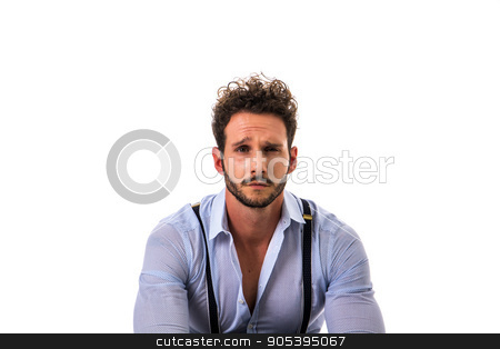 To use this stock image in your creative project, please select the size you need over to the right and click the "Add to Cart" button.
Your downloaded image will come with the Cutcaster watermark removed so don’t worry about the watermark you see on this page. Handsome elegant man in shirt and suspenders stock photo, Handsome elegant young man with elegant shirt, suspenders, isolated on white, smiling and looking at camera by Stefano Cavoretto
