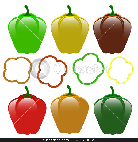To use this stock image in your creative project, please select the size you need over to the right and click the "Add to Cart" button.
Your downloaded image will come with the Cutcaster watermark removed so don’t worry about the watermark you see on this page. Set of Bell Peppers stock vector clipart, Set of Fresh Sweet Colored Red Green Yellow Bell Peppers Isolated on White Background by valeo5