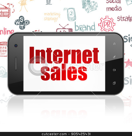 To use this stock image in your creative project, please select the size you need over to the right and click the "Add to Cart" button.
Your downloaded image will come with the Cutcaster watermark removed so don’t worry about the watermark you see on this page. Advertising concept: Smartphone with Internet Sales on display stock photo, Advertising concept: Smartphone with red text Internet Sales on display, Hand Drawn Marketing Icons background, 3D rendering by mkabakov