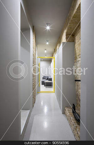 To use this stock image in your creative project, please select the size you need over to the right and click the "Add to Cart" button.
Your downloaded image will come with the Cutcaster watermark removed so don’t worry about the watermark you see on this page. Corridor in loft style stock photo, Loft style corridor with a glowing lamps and brick and gray walls. There is a opened gray-yellow door to the room with a dark sofa and a small wooden table, black scooter on the brick wall. Vertical by bezikus