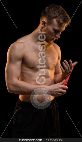 To use this stock image in your creative project, please select the size you need over to the right and click the "Add to Cart" button.
Your downloaded image will come with the Cutcaster watermark removed so don’t worry about the watermark you see on this page. Fighter man with boxing bandages stock photo, Fighter man with boxing bandages on black background by Chris Tefme