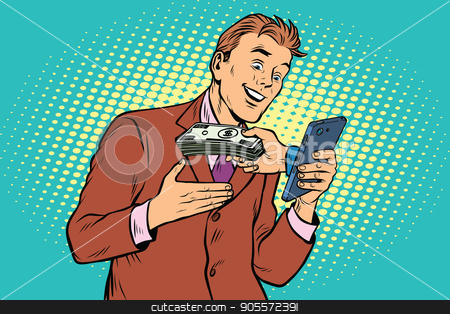 To use this stock image in your creative project, please select the size you need over to the right and click the "Add to Cart" button.
Your downloaded image will come with the Cutcaster watermark removed so don’t worry about the watermark you see on this page. E-Commerce online payment, businessman and smartphone stock vector clipart, E-Commerce online payment, businessman and smartphone. Pop art retro vector illustration by studiostoks