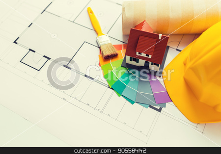 To use this stock image in your creative project, please select the size you need over to the right and click the "Add to Cart" button.
Your downloaded image will come with the Cutcaster watermark removed so don’t worry about the watermark you see on this page. close up of house blueprint with building tools stock photo, architecture, building, construction, real estate and home concept - close up of living house model on blueprint with repair tools by Syda Productions