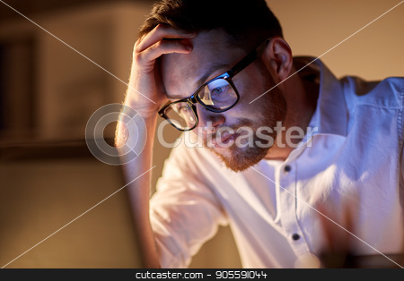 To use this stock image in your creative project, please select the size you need over to the right and click the "Add to Cart" button.
Your downloaded image will come with the Cutcaster watermark removed so don’t worry about the watermark you see on this page. businessman with laptop thinking at night office stock photo, business, overwork, people, deadline and technology concept - stressed businessman in glasses with laptop computer thinking at night office by Syda Productions