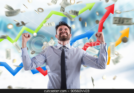 To use this stock image in your creative project, please select the size you need over to the right and click the "Add to Cart" button.
Your downloaded image will come with the Cutcaster watermark removed so don’t worry about the watermark you see on this page. Happy businessman with growth exponential gain statistics stock photo, Happy businessman exults under a rain of coins and banknotes by Federico Caputo