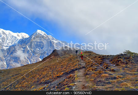 To use this stock image in your creative project, please select the size you need over to the right and click the "Add to Cart" button.
Your downloaded image will come with the Cutcaster watermark removed so don’t worry about the watermark you see on this page. Pair of travelers and cloud in Himalaya. Mountain Landscape. stock photo, Pair of travelers and cloud in Himalaya. Mountain Landscape. Annapurna region, Nepal, Mardi Himal track. by verock
