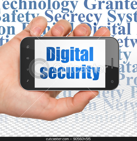 To use this stock image in your creative project, please select the size you need over to the right and click the "Add to Cart" button.
Your downloaded image will come with the Cutcaster watermark removed so don’t worry about the watermark you see on this page. Security concept: Hand Holding Smartphone with Digital Security on display stock photo, Security concept: Hand Holding Smartphone with blue text Digital Security on display, Tag Cloud background, 3D rendering by mkabakov