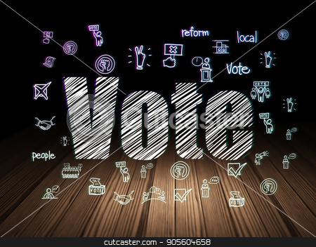 To use this stock image in your creative project, please select the size you need over to the right and click the "Add to Cart" button.
Your downloaded image will come with the Cutcaster watermark removed so don’t worry about the watermark you see on this page. Politics concept: Vote in grunge dark room stock photo, Politics concept: Glowing text Vote, Hand Drawn Politics Icons in grunge dark room with Wooden Floor, black background by mkabakov