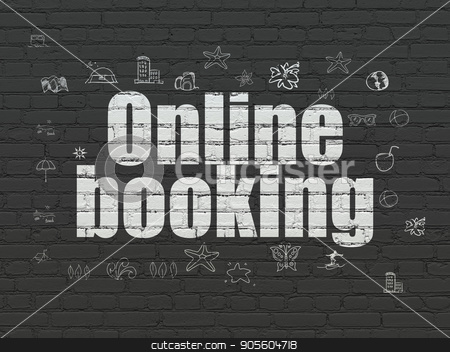 To use this stock image in your creative project, please select the size you need over to the right and click the "Add to Cart" button.
Your downloaded image will come with the Cutcaster watermark removed so don’t worry about the watermark you see on this page. Tourism concept: Online Booking on wall background stock photo, Tourism concept: Painted white text Online Booking on Black Brick wall background with Hand Drawn Vacation Icons by mkabakov