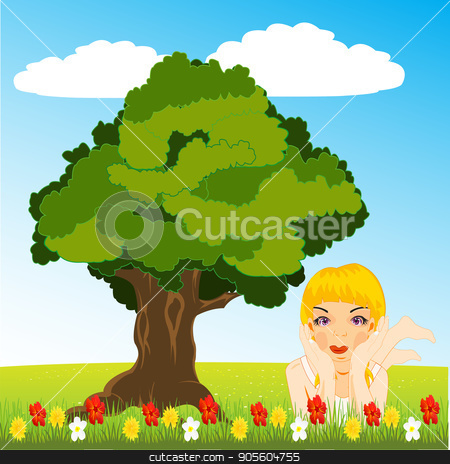 To use this stock image in your creative project, please select the size you need over to the right and click the "Add to Cart" button.
Your downloaded image will come with the Cutcaster watermark removed so don’t worry about the watermark you see on this page. Girl on glade stock vector clipart, Making look younger girl rests upon glade amongst flower by cobol1964