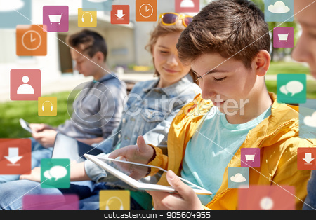To use this stock image in your creative project, please select the size you need over to the right and click the "Add to Cart" button.
Your downloaded image will come with the Cutcaster watermark removed so don’t worry about the watermark you see on this page. happy friends or students with tablet pc outdoors stock photo, technology, internet and people concept - group of happy teenage friends or high school students with tablet pc computer outdoors over virtual icons by Syda Productions