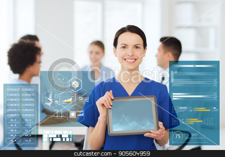To use this stock image in your creative project, please select the size you need over to the right and click the "Add to Cart" button.
Your downloaded image will come with the Cutcaster watermark removed so don’t worry about the watermark you see on this page. happy doctor over group of medics at hospital stock photo, clinic, profession, people and medicine concept - happy female doctor or nurse showing tablet pc computer blank screen over group of medics meeting at hospital by Syda Productions